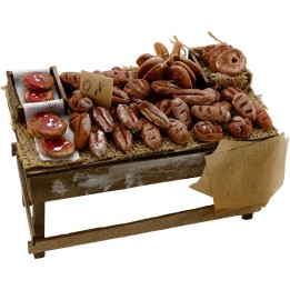 Banco in legno con pane e pizze 13x7x7,5 h.