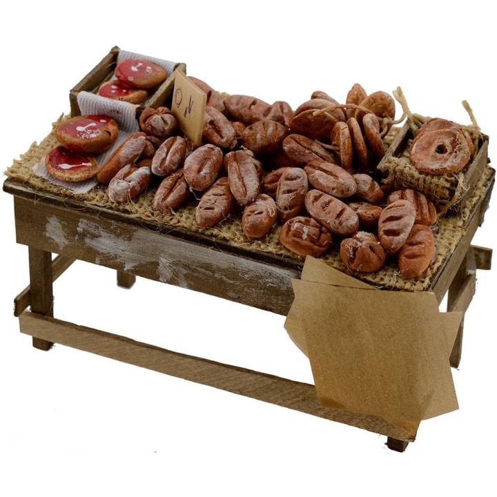 Banco de madera con pan y pizzas 13x7x7,5 h.