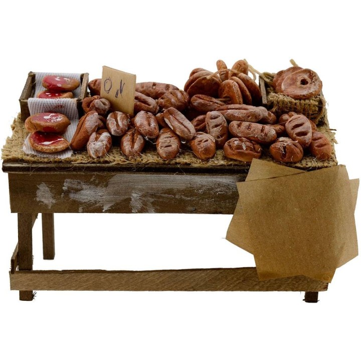 Banco de madera con pan y pizzas 13x7x7,5 h.