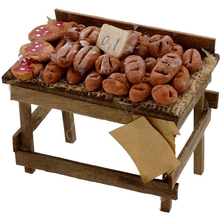 Banco in legno con pane e pizze 9x6x6,5 h.