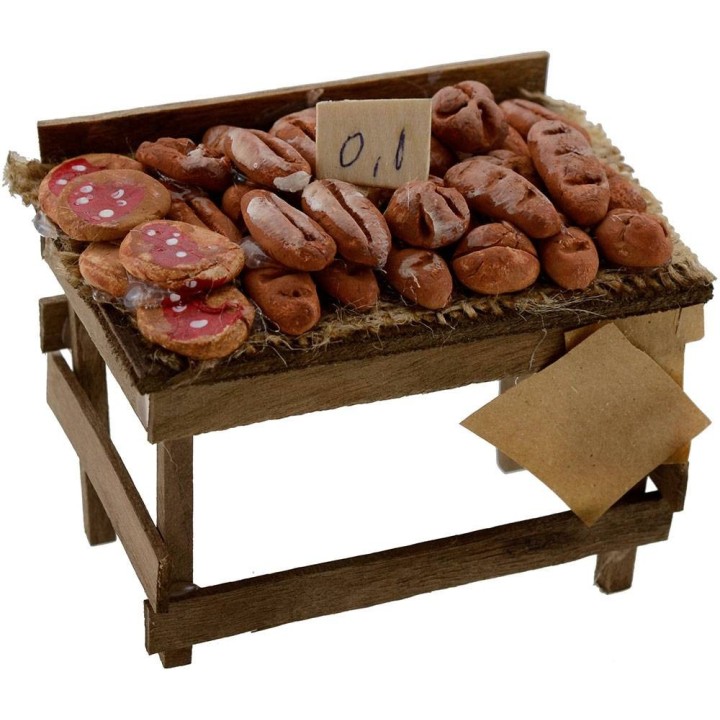 Banco de madera con pan y pizzas 9x6x6,5 h.