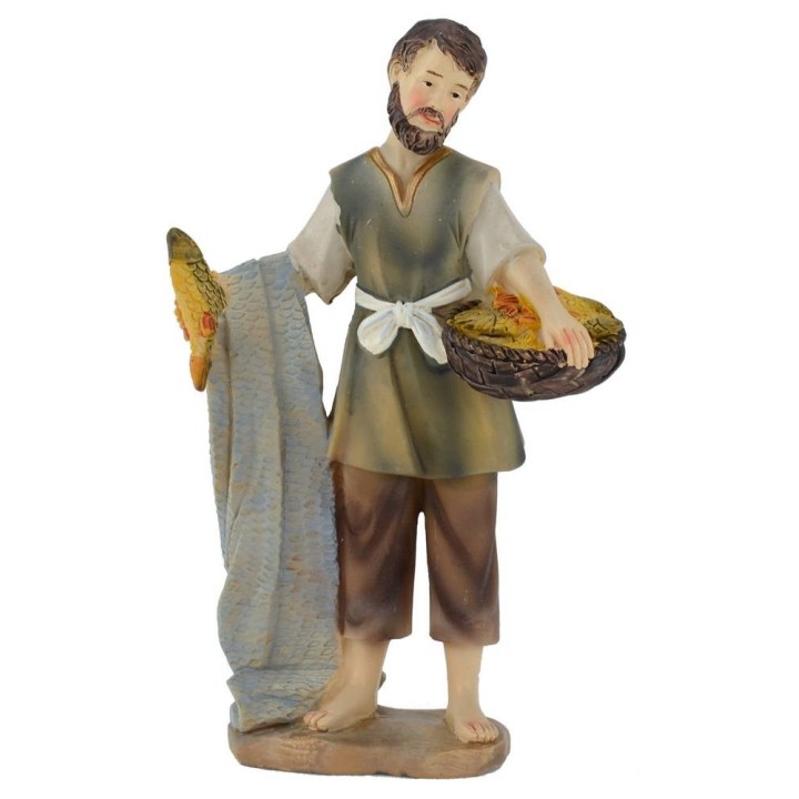 Pescador con cesta de pescado resina 15 cm