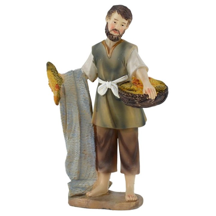 Fisherman with fish basket resin 15 cm