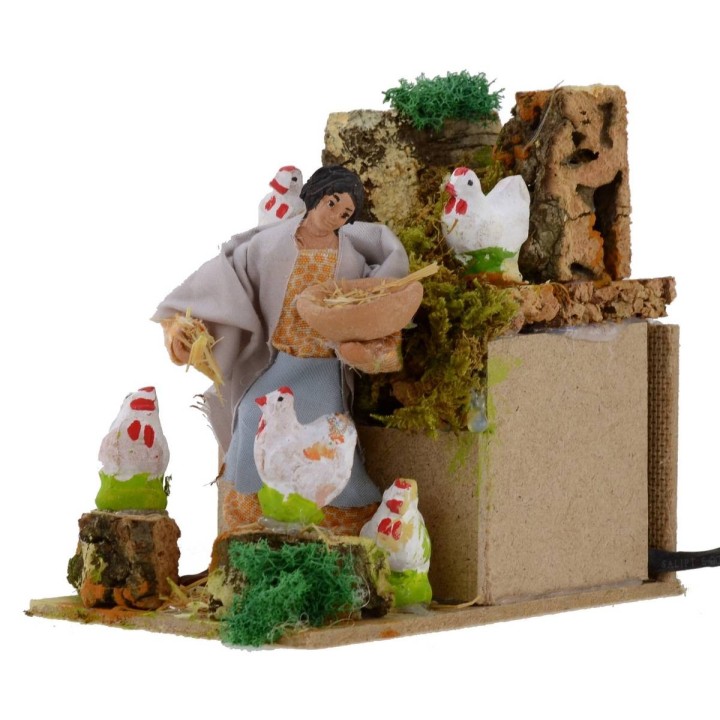 Campesina con gallinas 10 cm estatua en movimiento para belén