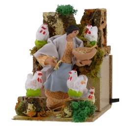 Campesina con gallinas 10 cm estatua en movimiento para belén