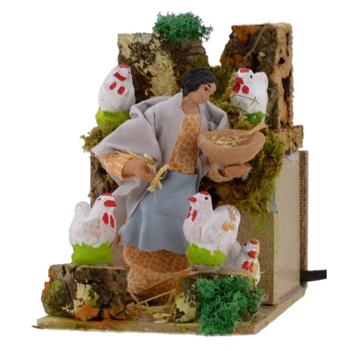 Contadina con galline 10 cm in movimento per presepe