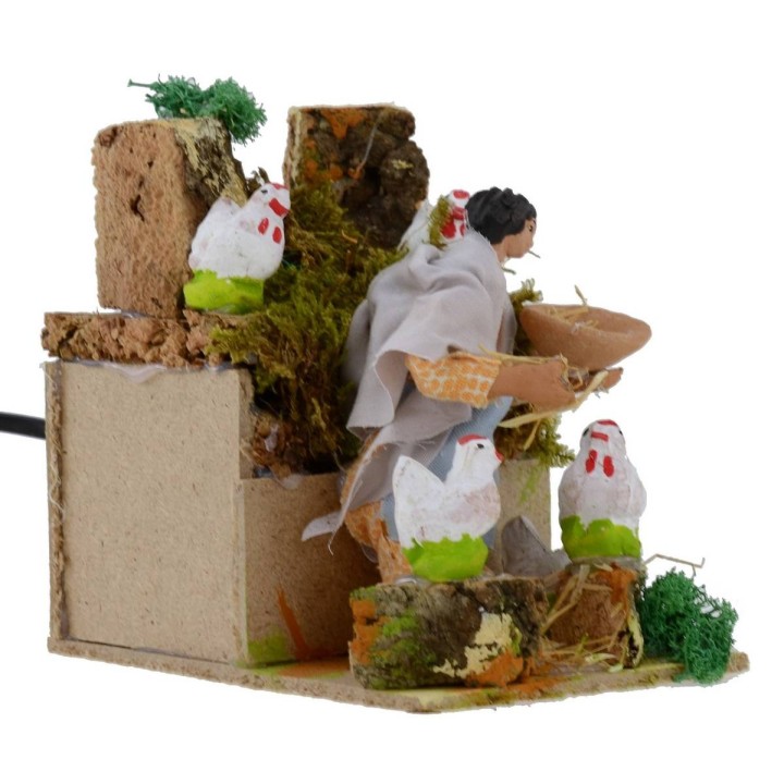 Campesina con gallinas 10 cm estatua en movimiento para belén