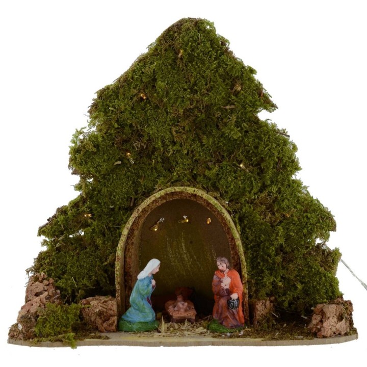 Albero con capanna e Natività illuminati con led a pile cm