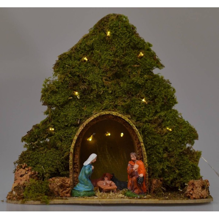 Albero con capanna e Natività illuminati con led a pile cm