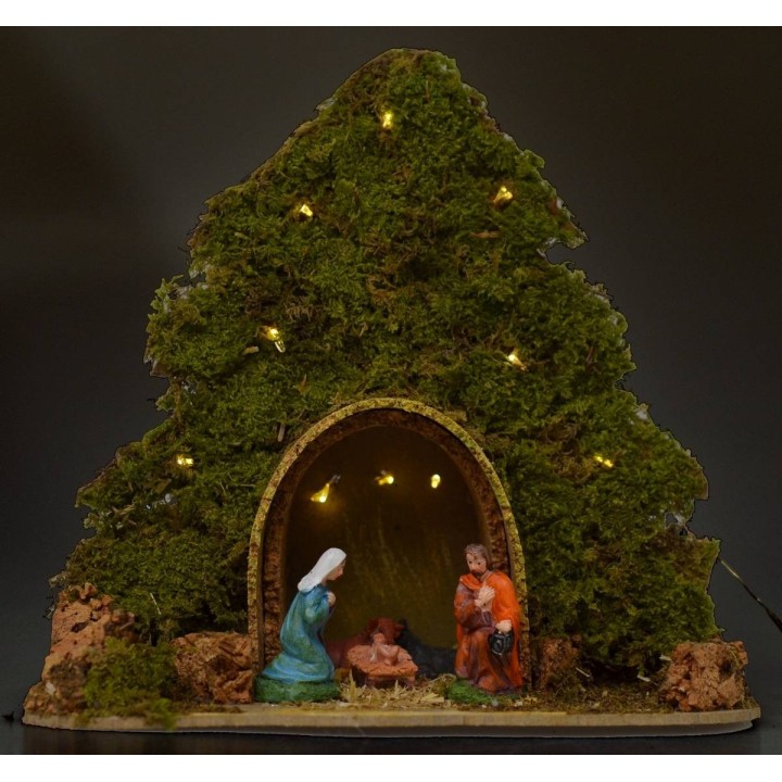 Albero con capanna e Natività illuminati con led a pile cm