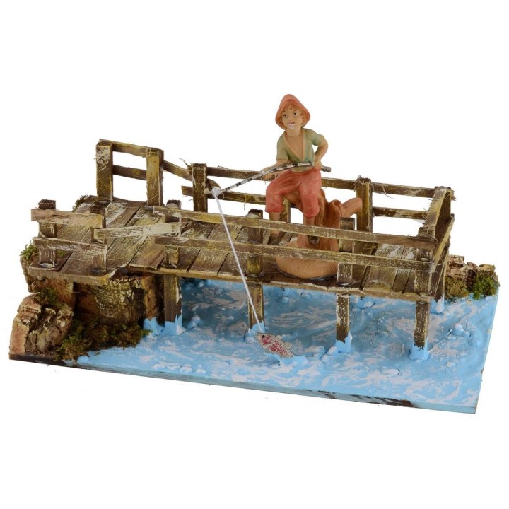 Pescatore sul ponte con canna da pesca serie 10 cm
