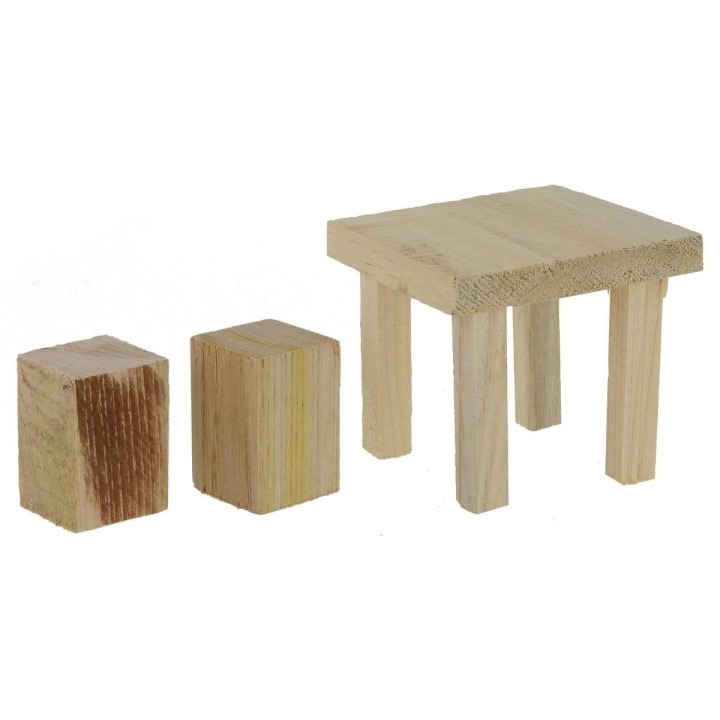 Tavolo con sgabelli in legno per statue da 12 a 15 cm