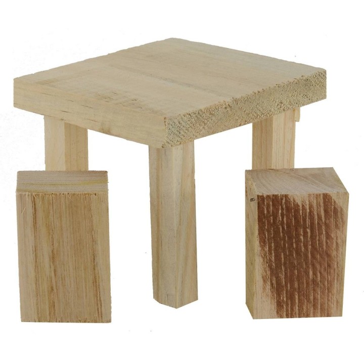 Mesa con taburetes de madera para estatuas de 12 a 15 cm.