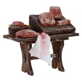 Banco de madera con carne y embutidos de 8,5x5x8,5 cm para