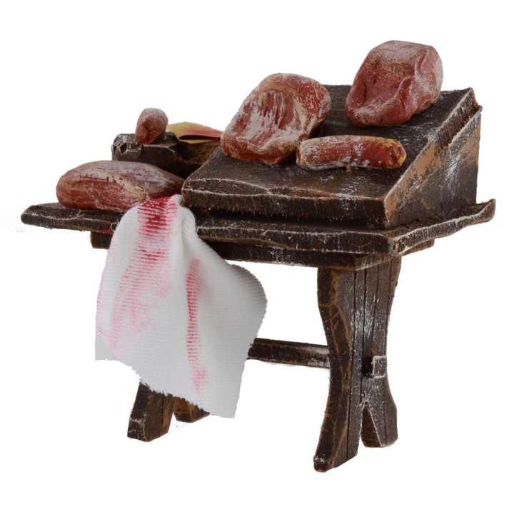 Banco de madera con carne y embutidos de 8,5x5x8,5 cm para