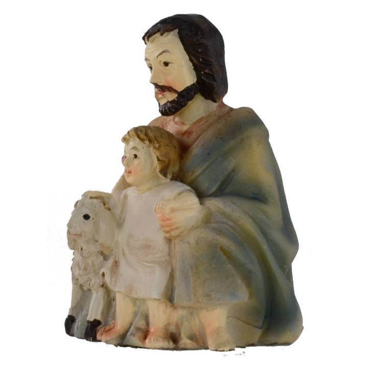 Shepherd sitting with child and lamb series 9 cm in resin