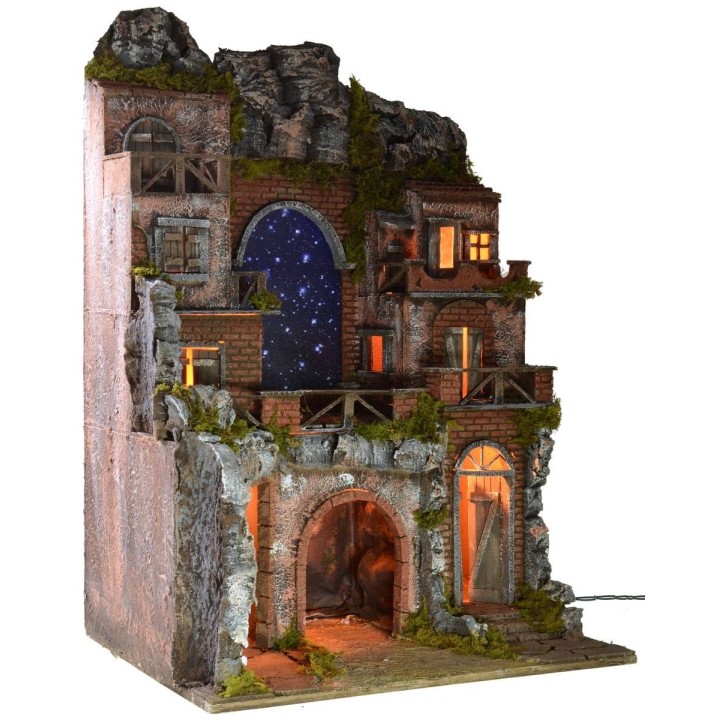 Illuminated nativity scene with fiber optic starry sky cm