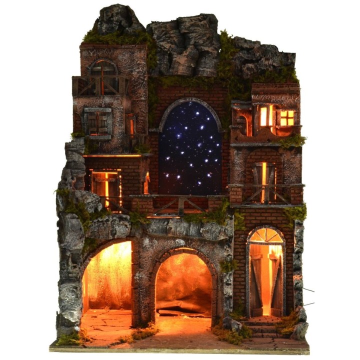 Illuminated nativity scene with fiber optic starry sky cm