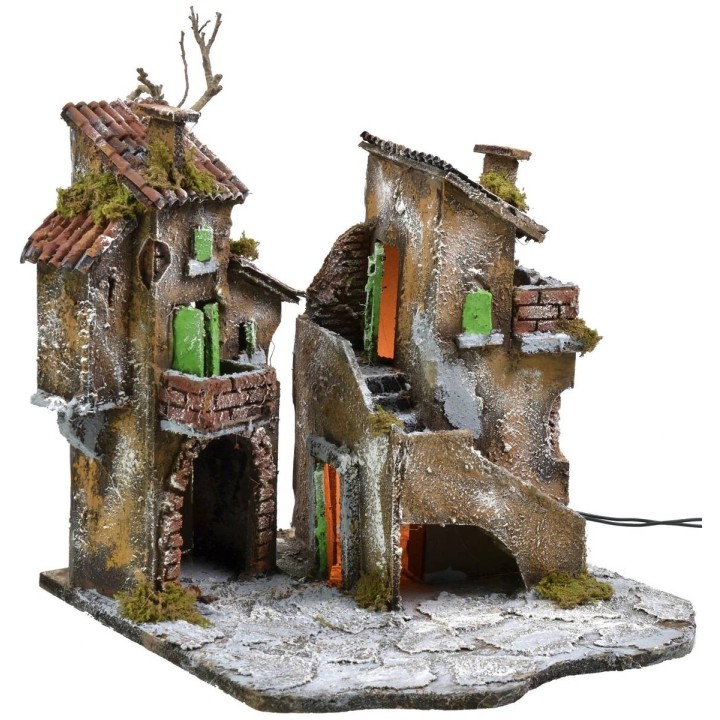 Cortile con case e luci cm 31,5x30x31 h