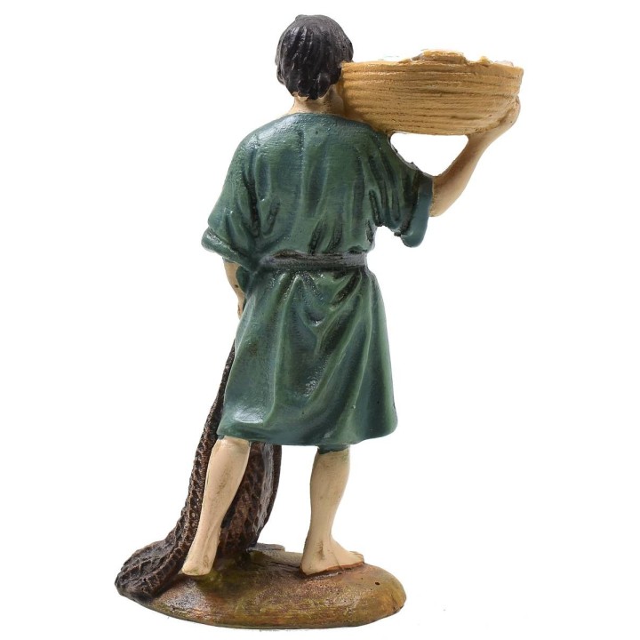 Fisherman with net in painted resin 10 cm economic series Landi