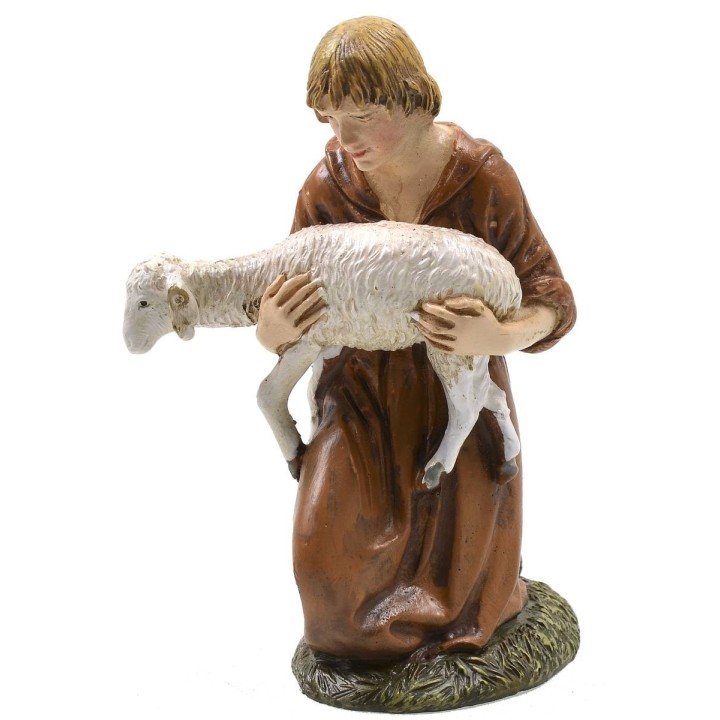 Adorante inginocchiato con agnello in resina dipinta 12 cm