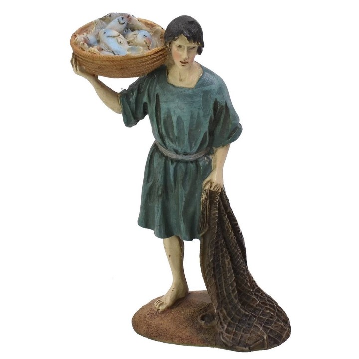 Pescador con cesta y red en resina pintada 12 cm serie