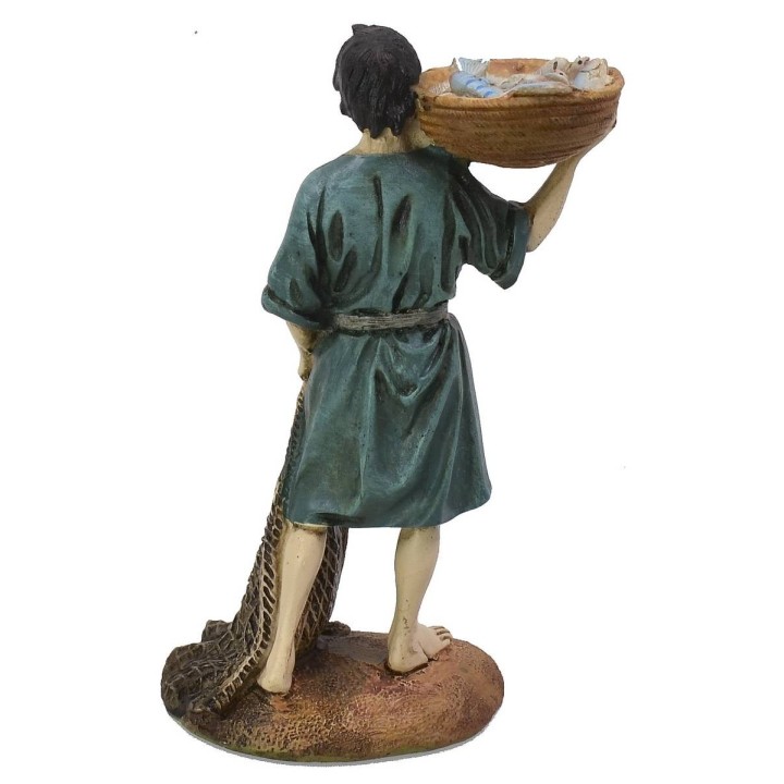 Fisherman with basket and net in painted resin 12 cm Landi