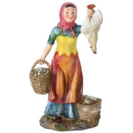 Mujer con cestas y gallina de 27 cm en resina