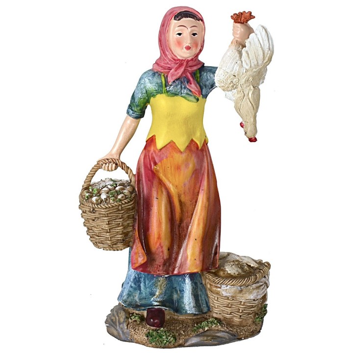 Mujer con cestas y gallina de 27 cm en resina