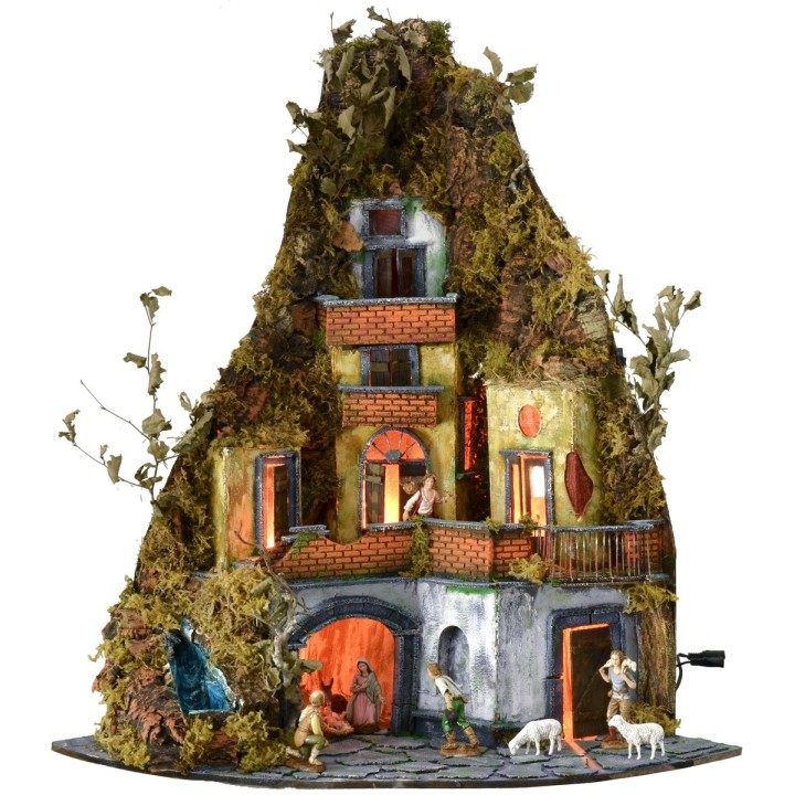 Presepe completo di statue Landi con luci e cascata funzionante