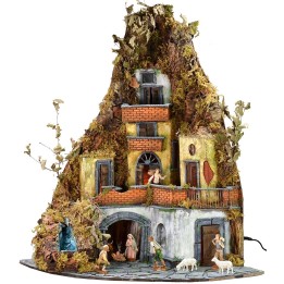 Complete nativity scene with Landi statues, working lights, and waterfall