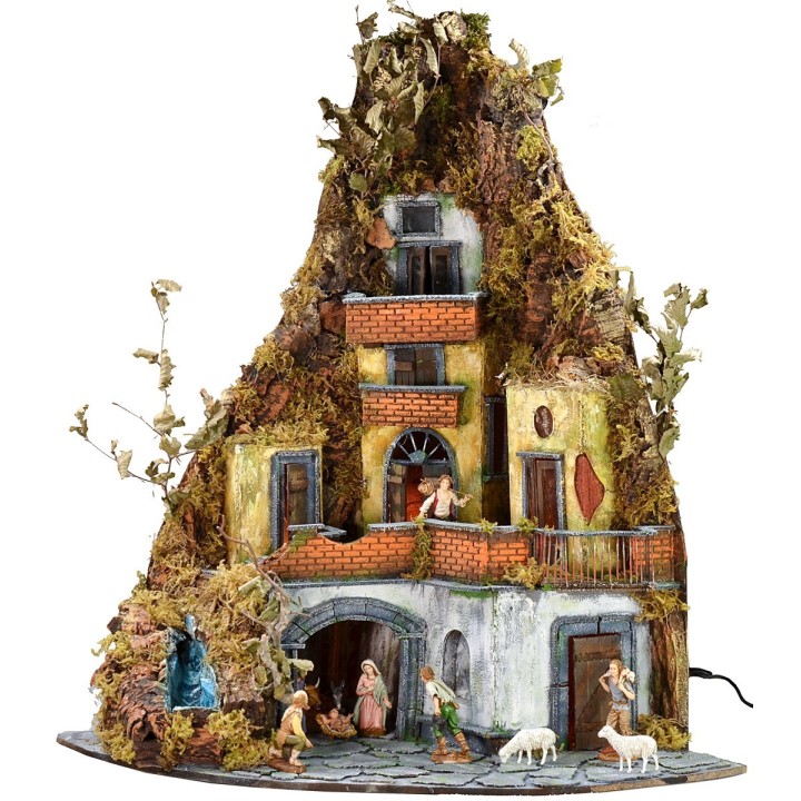 Complete nativity scene with Landi statues, working lights, and waterfall