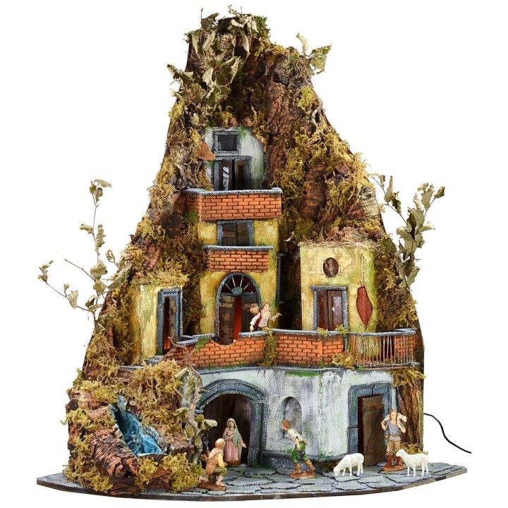 Complete nativity scene with Landi statues, working lights, and waterfall