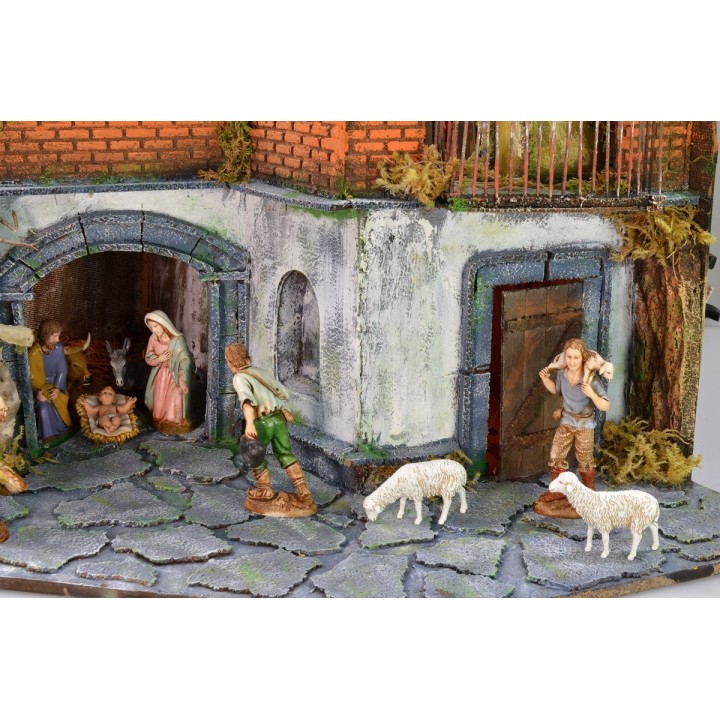 Complete nativity scene with Landi statues, working lights, and waterfall