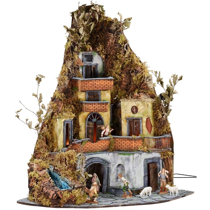 Complete nativity scene with Landi statues, working lights, and waterfall
