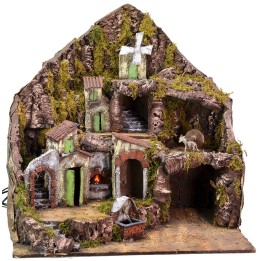 Presepe illuminato con fontana, fuoco e mulino funzionanti cm