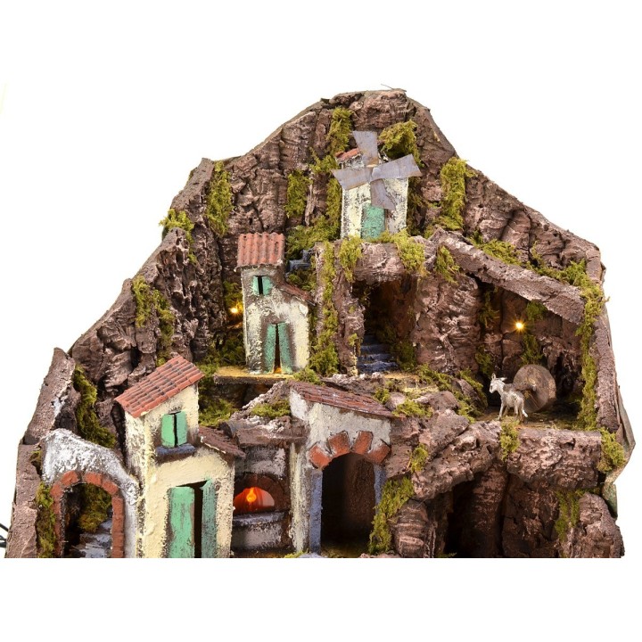 Nacimiento iluminado con fuente, fuego y molino en funcionamiento cm