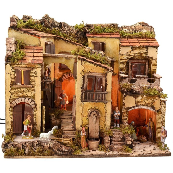 Presepe illuminato completo di statue Landi con fontana