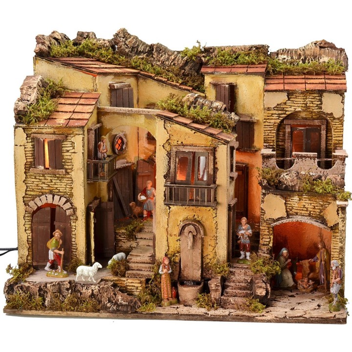 Presepe illuminato completo di statue Landi con fontana