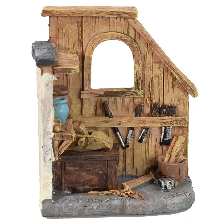 Carpenter's workshop in resin 8,7x4,5x10,5 h cm.