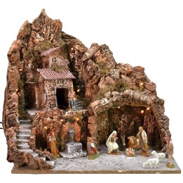 Presepe illuminato completo di statue Landi con fontana