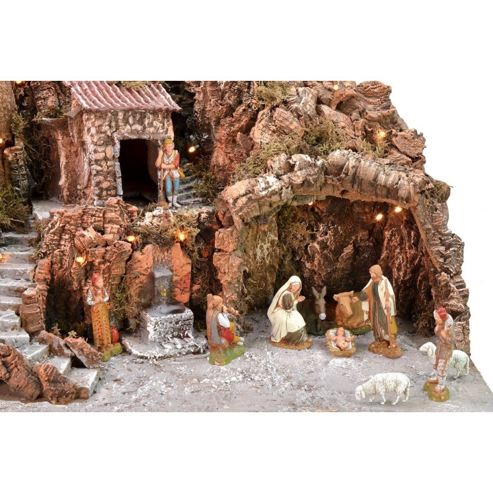 Presepe illuminato completo di statue Landi con fontana