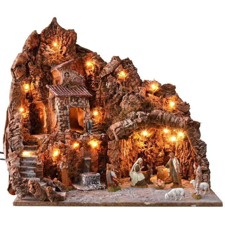 Presepe illuminato completo di statue Landi con fontana