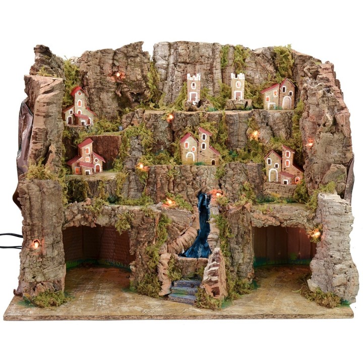 Illuminated nativity scene with landscape and working waterfall cm