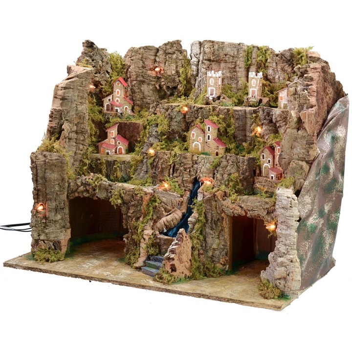 Illuminated nativity scene with landscape and working waterfall cm