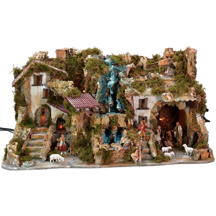 Presepe illuminato completo di statue Landi con doppia cascata