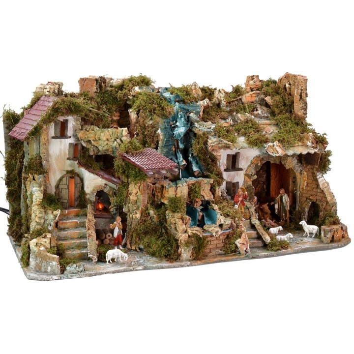 Presepe illuminato completo di statue Landi con doppia cascata
