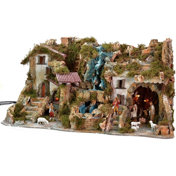 Illuminated nativity scene complete with Landi statues and double waterfall