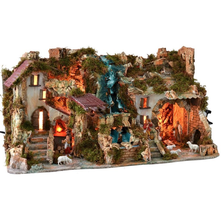 Presepe illuminato completo di statue Landi con doppia cascata