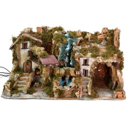 Illuminated nativity scene with double waterfall and working fire cm